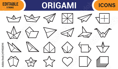 Paper folding icon pack – editable stroke origami shapes including boat, crane, and heart.