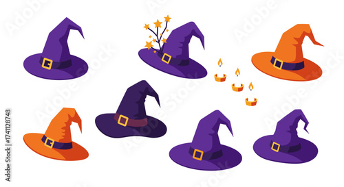 Isometric witch hats and candles collection for halloween design