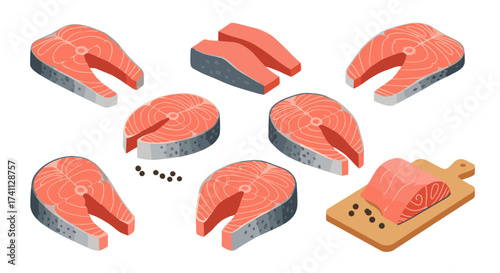 Isometric salmon steaks and fillets with peppercorns on cutting board