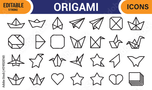 Vector origami icon collection – simple paper fold line symbols for art and creativity.