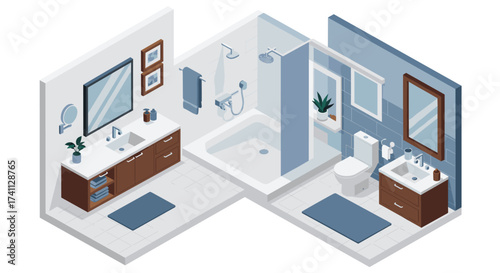 Modern isometric bathroom and vanity space with blue accents and minimalist design elements