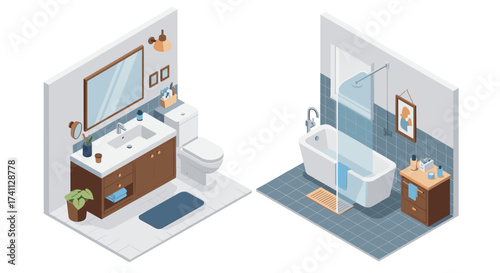 Isometric modern bathroom with sink, bathtub, and accessories in minimalist style