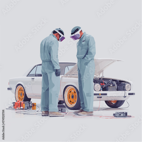 people wearing viar glasses are repairing a car. technology, vector graphics