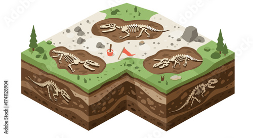 Isometric dinosaur fossil excavation in prehistoric landscape with t-rex skeletons