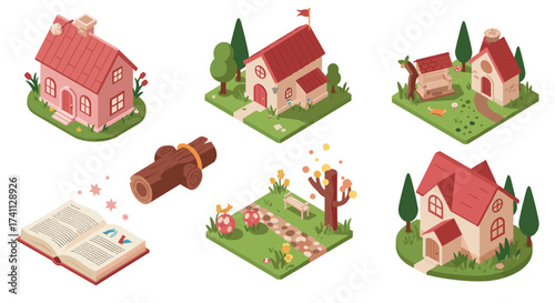 Charming isometric fairy tale village with cozy cottages and enchanted elements