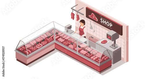 Isometric butcher shop interior with display counters and cashier