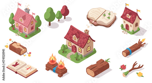 Enchanting isometric fairy tale village with cozy houses and storybook elements