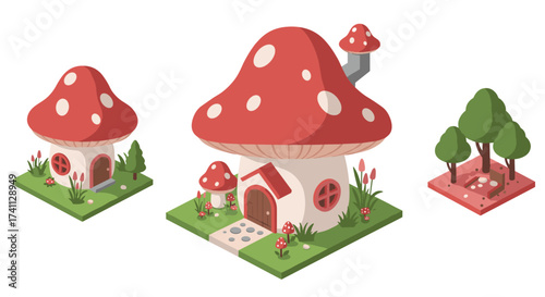 Whimsical isometric mushroom house in a pastoral forest setting