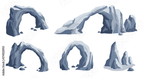 Set of natural rock formations with arches and pillars in stylized art style