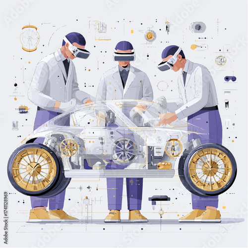 people wearing viar glasses are repairing a car. technology, vector graphics