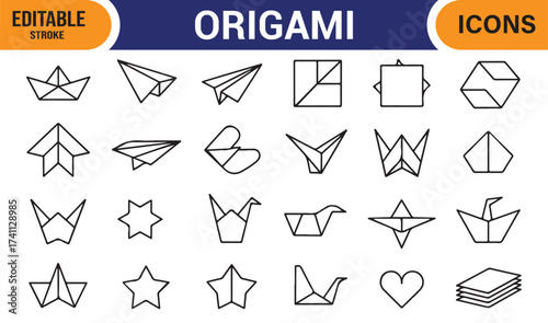 Origami craft icon bundle – Japanese paper folding vector illustrations in outline style.