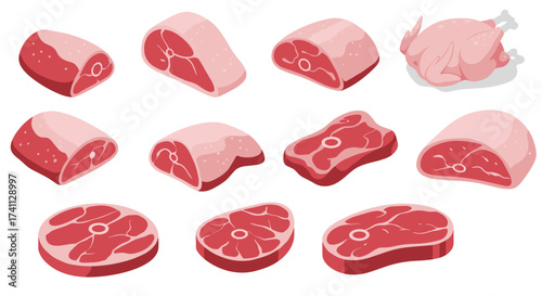 Assorted meat cuts in isometric style: beef, pork, chicken varieties displayed