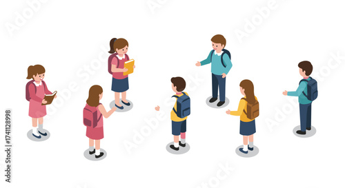 Isometric schoolchildren gathering and talking in group with backpacks