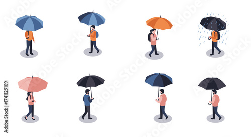 Isometric people with umbrellas in various weather conditions on white background