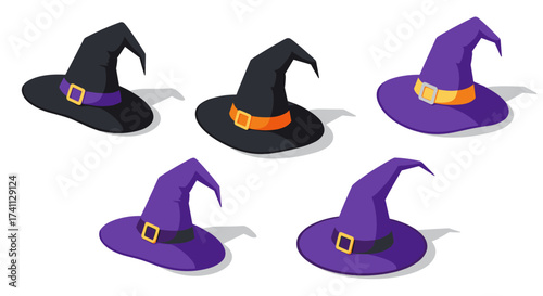 Halloween witch hats collection in isometric style