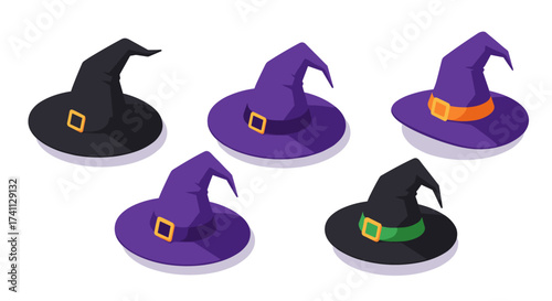 Colorful witch hats with buckles in isometric style for halloween themes