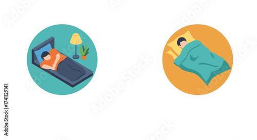 Cozy sleep concepts: man sleeping in bed with plants and lamp by bedside