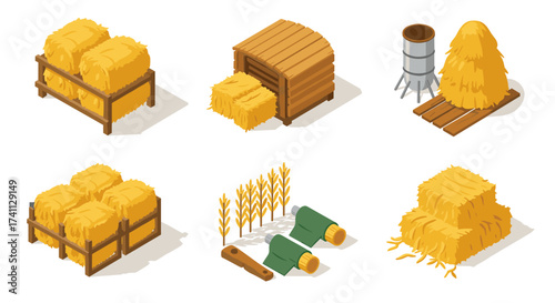 Isometric farm elements: hay bale stack, silo, wooden shelter, wheat field