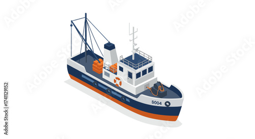 Isometric fishing trawler with equipment and lifeboat in stylish design