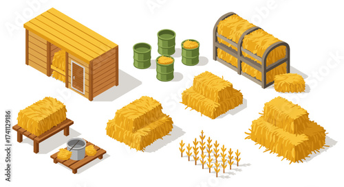 Isometric farm elements featuring hay bales and straw barn in cartoon style
