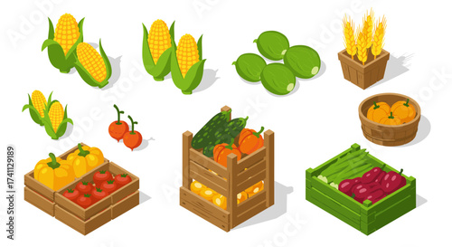 Colorful harvest bounty with fresh vegetables and fruits in isometric boxes