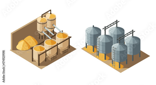 Isometric grain silos and storage bins industrial facility