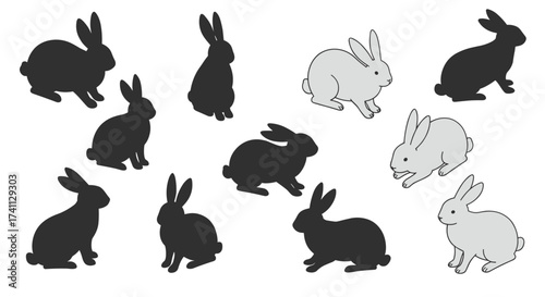 Silhouette and outline bunny set: various poses for creative use