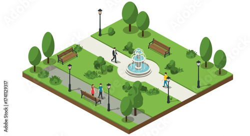 Isometric city park scene with fountain and walking people