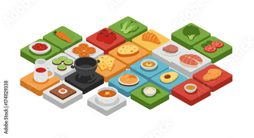 Isometric food array featuring diverse ingredients and dishes in colorful block layout