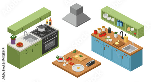 Isometric kitchen design with modern appliances and colorful cabinets ideas