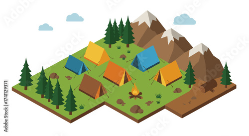 Isometric camping scene with tents and campfire in mountainous forest
