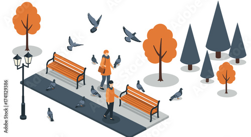 Isometric autumn park scene with people, benches, and pigeons