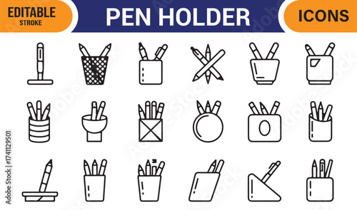 Outline pen holder symbols – minimal line vector icons for creative and professional designs.