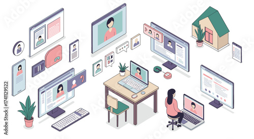 Remote work setup with isometric elements and digital communication devices