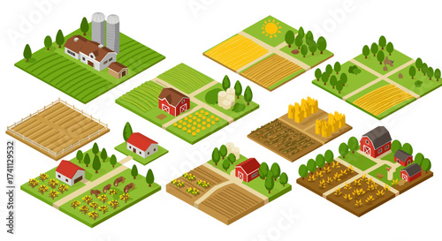 Isometric farm landscape set with different agricultural scenes