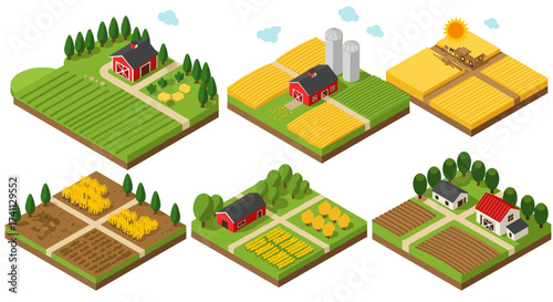 Isometric farming scenes with various crops and buildings