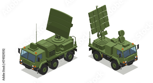 Military radar trucks in isometric style with green camouflage and antennas