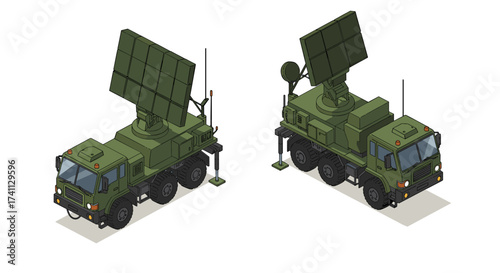 Isometric military radar trucks on white background