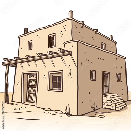 Adobe Style Dwelling with Wooden Pergola and Stone Steps Keywords: adobe, house, dwelling