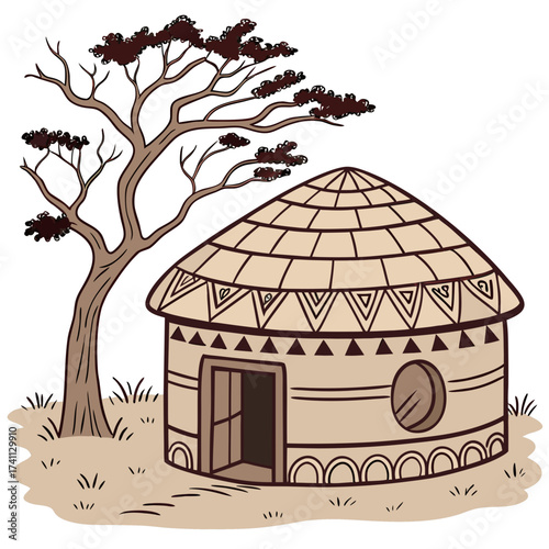 African Hut Under a Tree with Brown Foliage Keywords: african hut, traditional dwelling, thatched