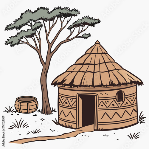 African Hut with Basket and Green Tree on White Background Keywords: african hut, traditional