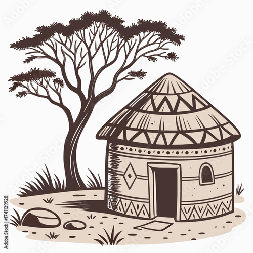 African Hut with Rocks and Brown Tree on White Background Keywords: african hut, traditional