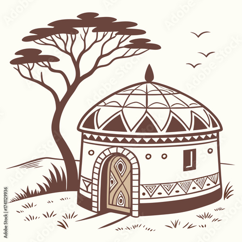 African Hut with Birds and Stylized Landscape on Cream Background Keywords: african hut