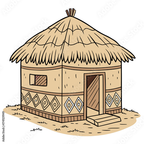 African Style Round Hut with Open Door Keywords: hut, African, round, thatched roof, traditional