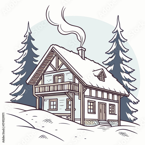 Alpine Chalet in a Snowy Forest Setting Keywords: chalet, house, winter, snow, forest, trees