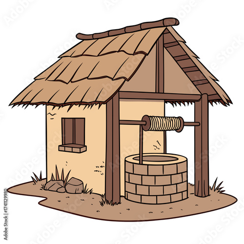 African Well House with Thatched Roof and Brick Well