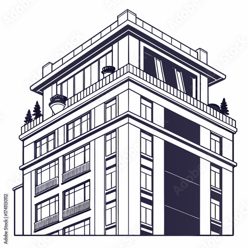 Art Deco Skyscraper Building with Balconies and Rooftop Features
