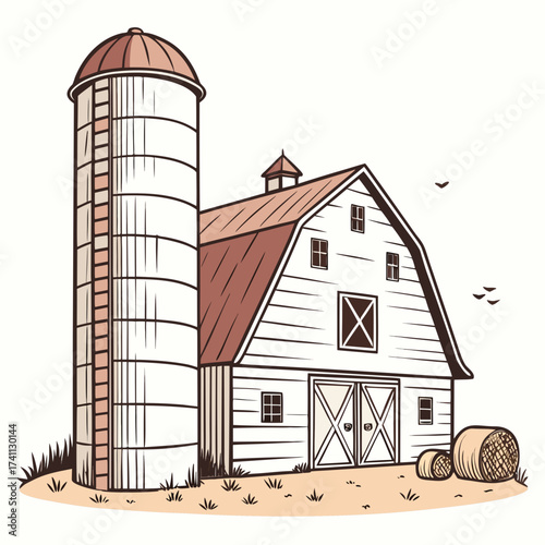 Barn and silo with hay bales and birds in flight farm