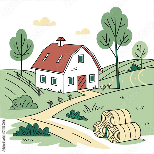 Barn in a green countryside with hay bales farm rural