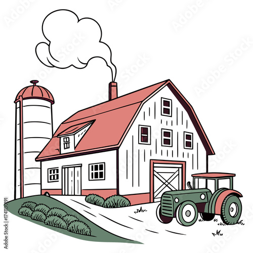 Barn with silo and tractor illustration farm agriculture